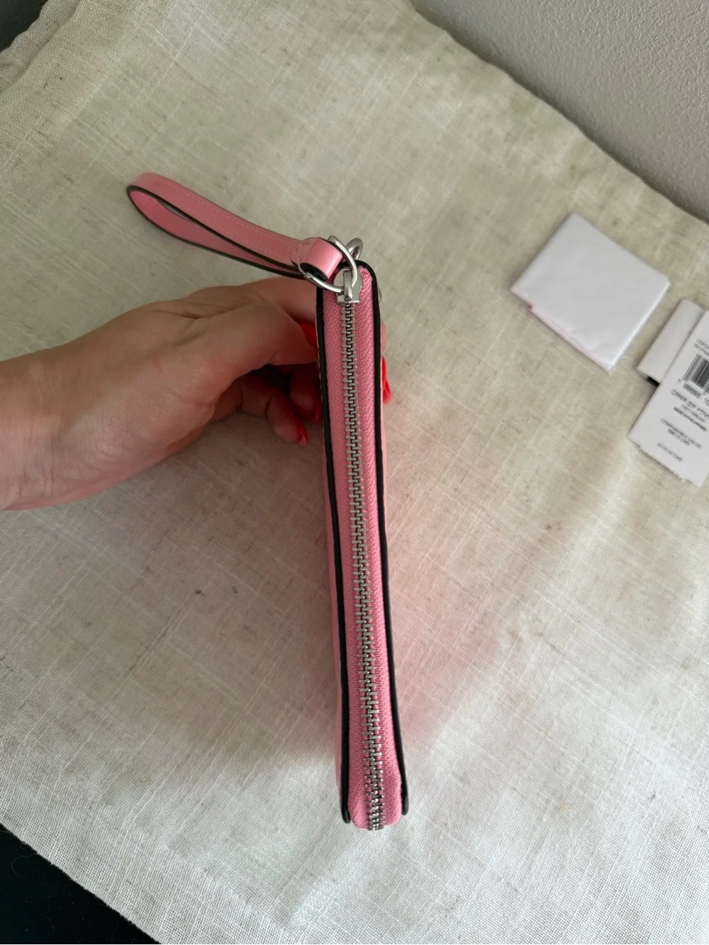 Coach Pink Corner Zip Signature Embossed Leather Wristlet with Heart Charm NWT